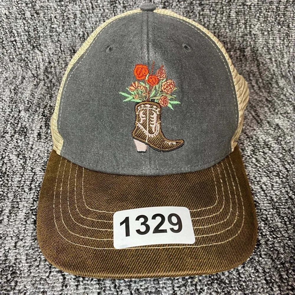 Southwest Cowgirl Womens OS Grey Brown‎ Cowboy Boot Floral Infinity Ponytail Cap